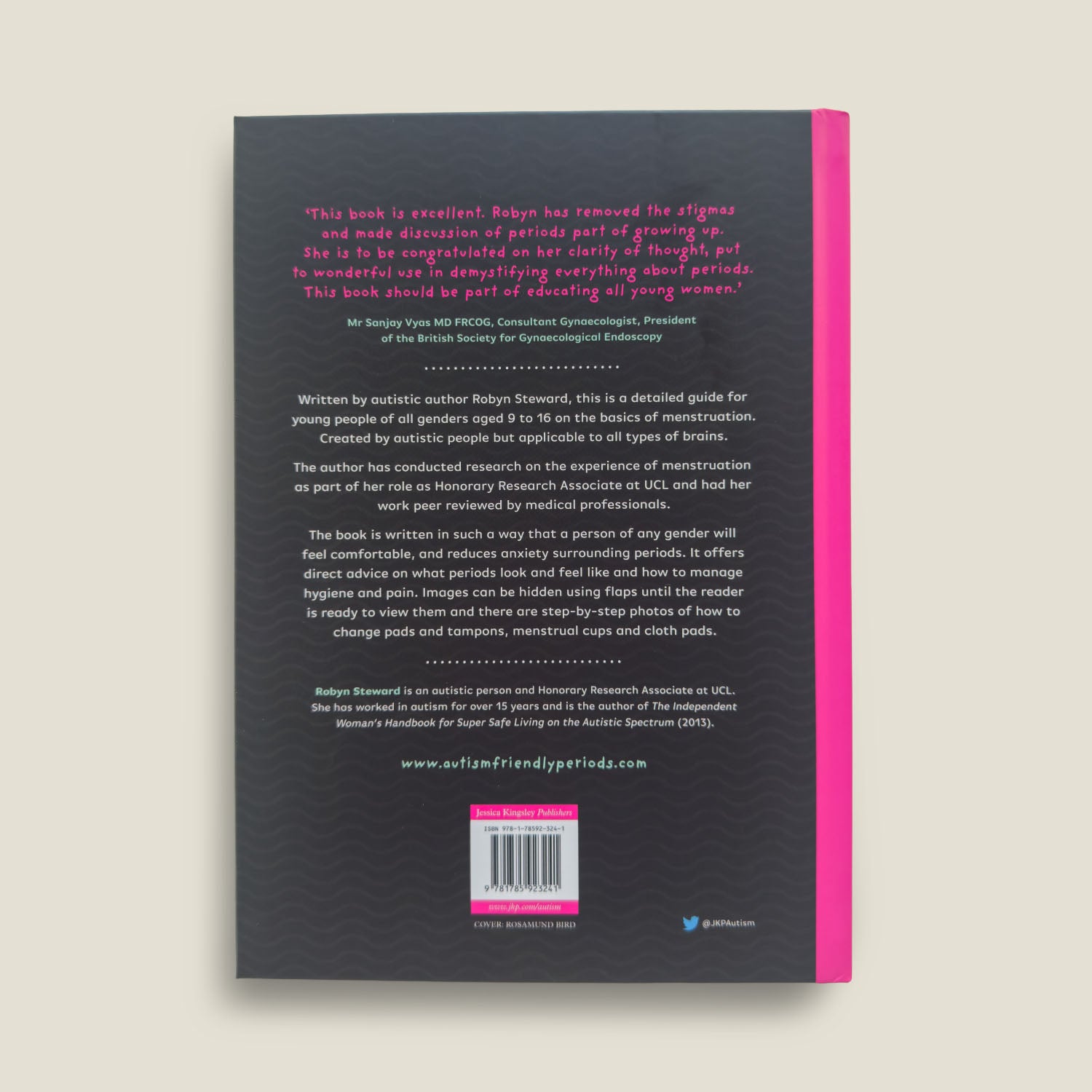 Back cover of "The Autism-Friendly Guide to Periods" by Robyn Steward, highlighting an overview of the book’s contents and its autism-inclusive approach to menstrual education.