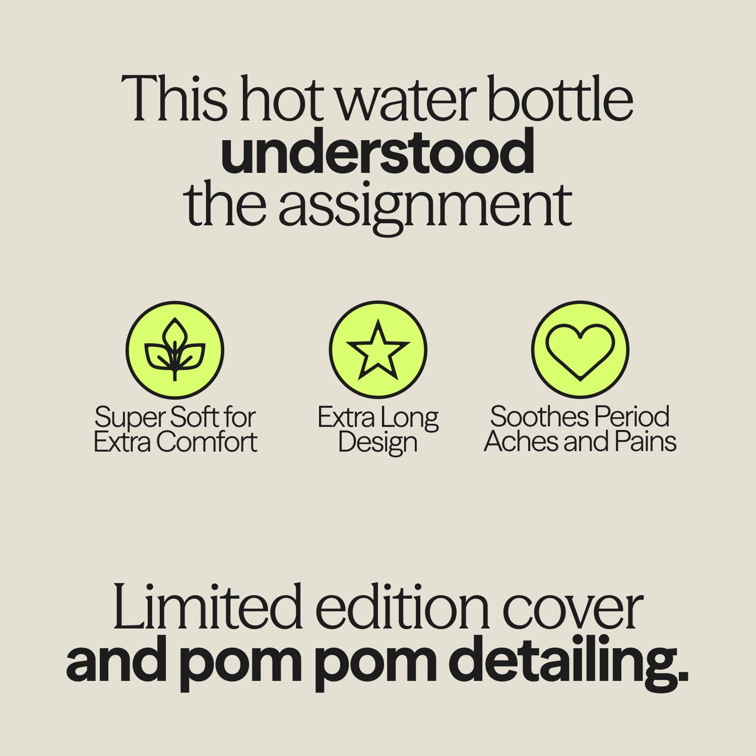 WUKA hot water bottle benefits illustration showing super soft comfort, extra-long design, and pain relief for period cramps.