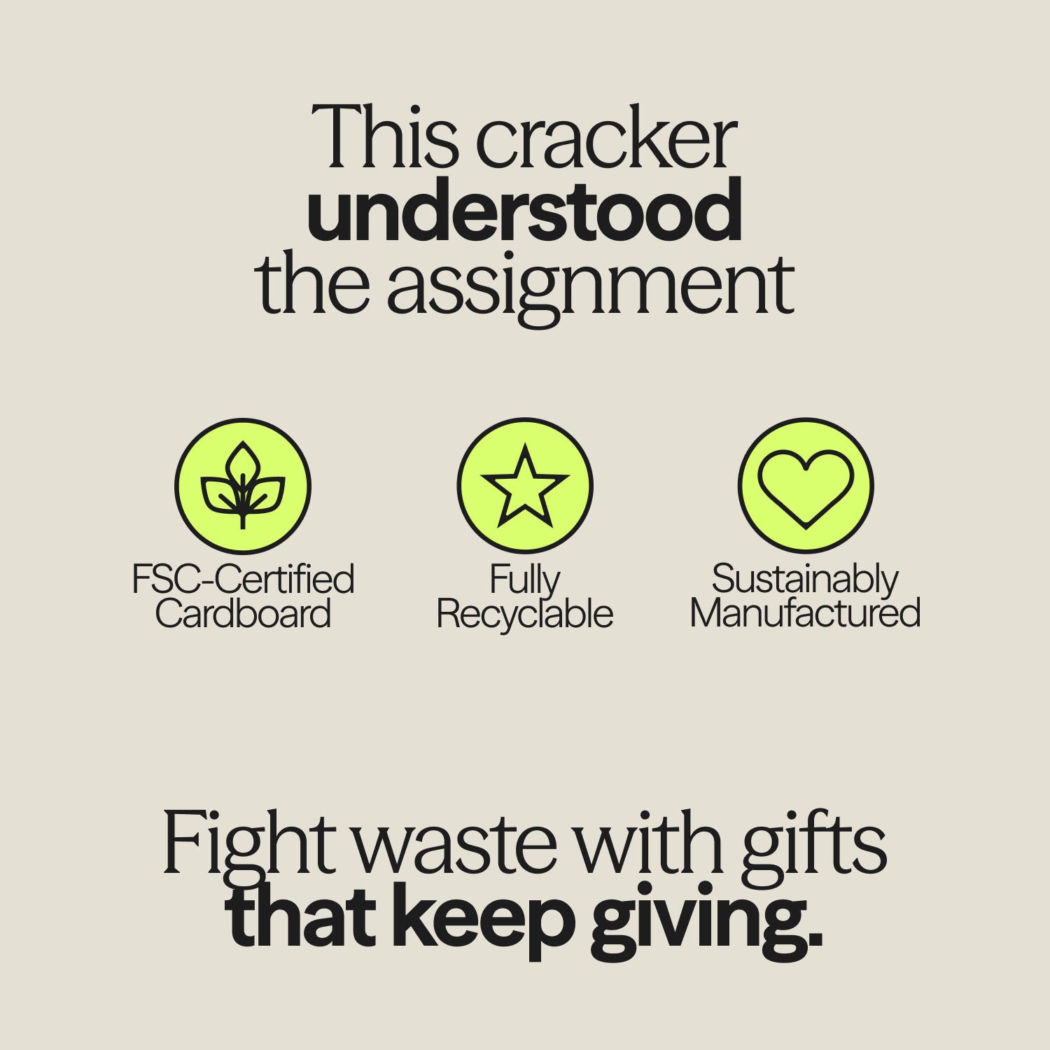 WUKA Cracker Gift Box USPs illustrated with icons and bold text: FSC-certified cardboard, fully recyclable, sustainably manufactured – promoting eco-conscious gifting.