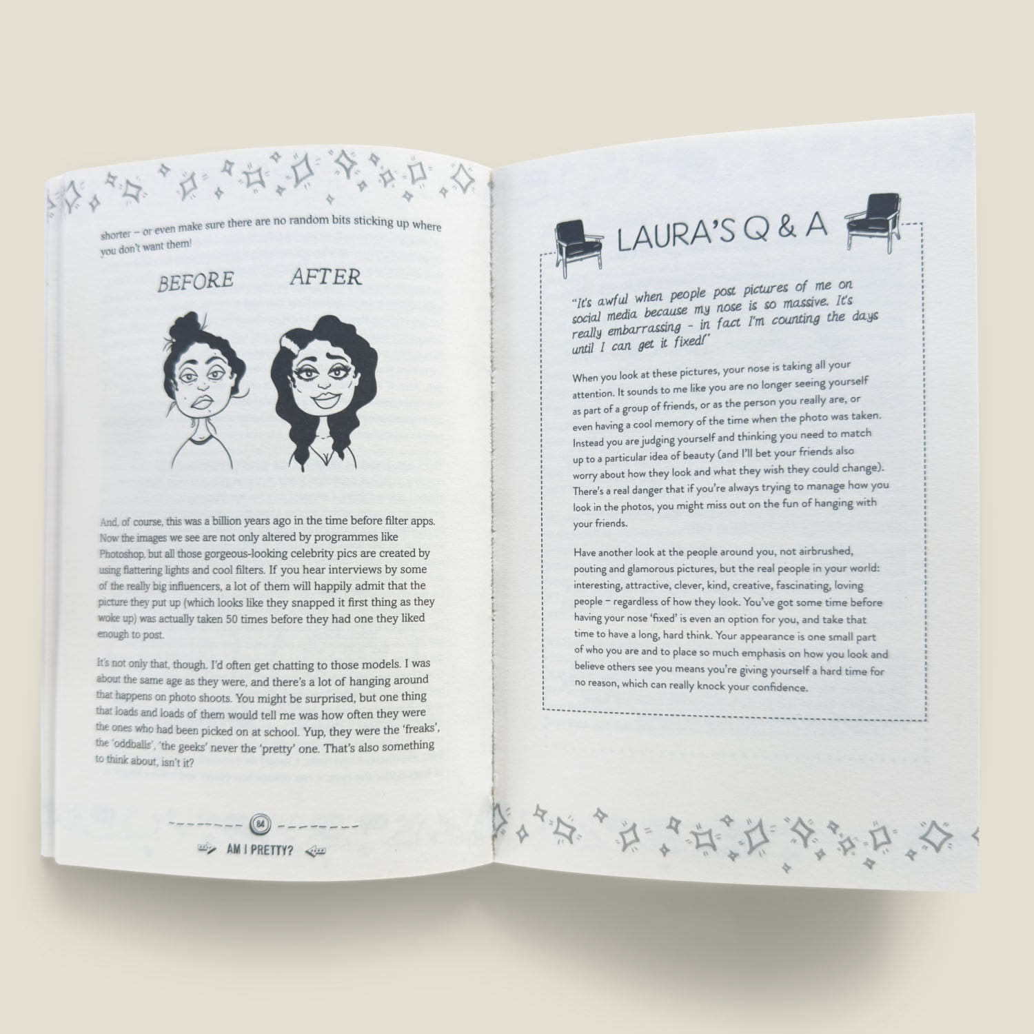 Interior pages of The Girls' Guide to Growing Up Great focusing on social media influence, body image, self-worth, and real-life Q&A on appearance anxiety.