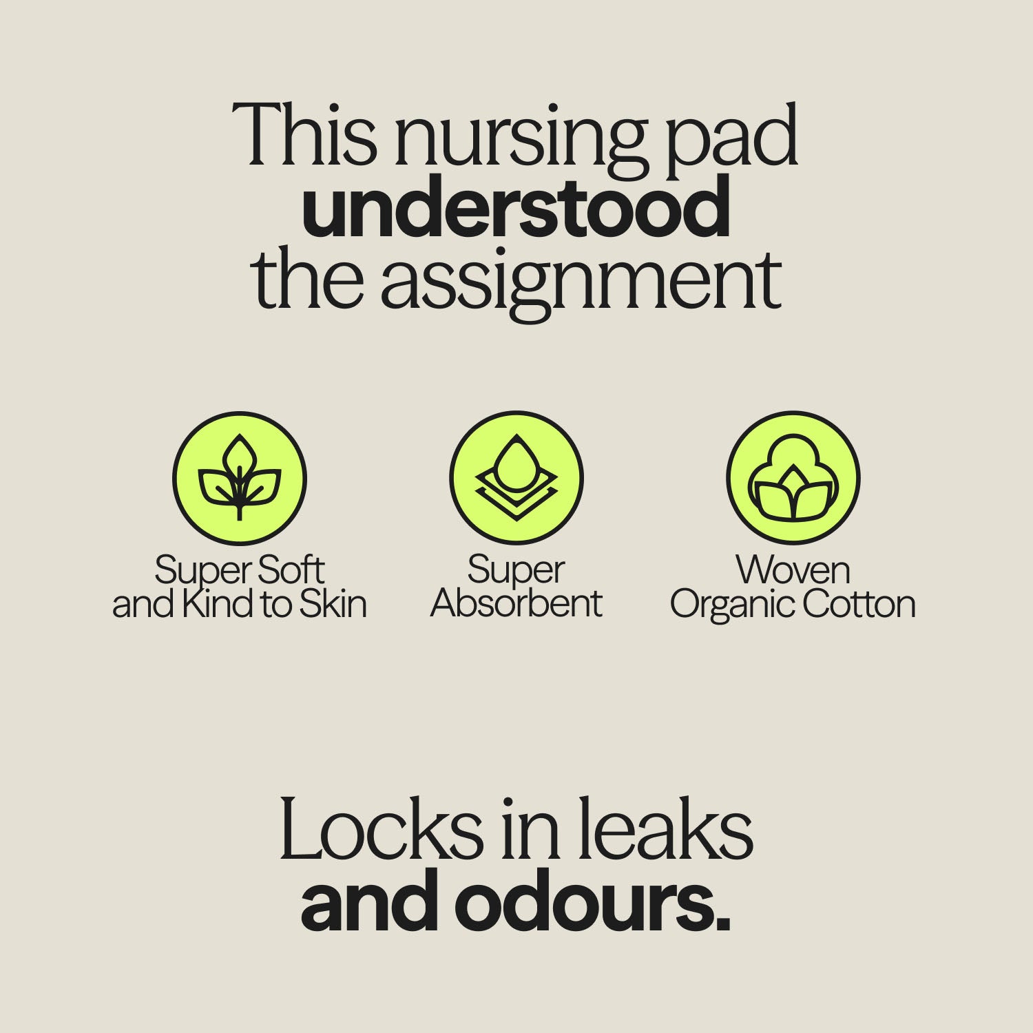 Infographic highlighting WUKA Nursing Pads' features: super soft, absorbent, and made from woven organic cotton, locking in leaks and odours.