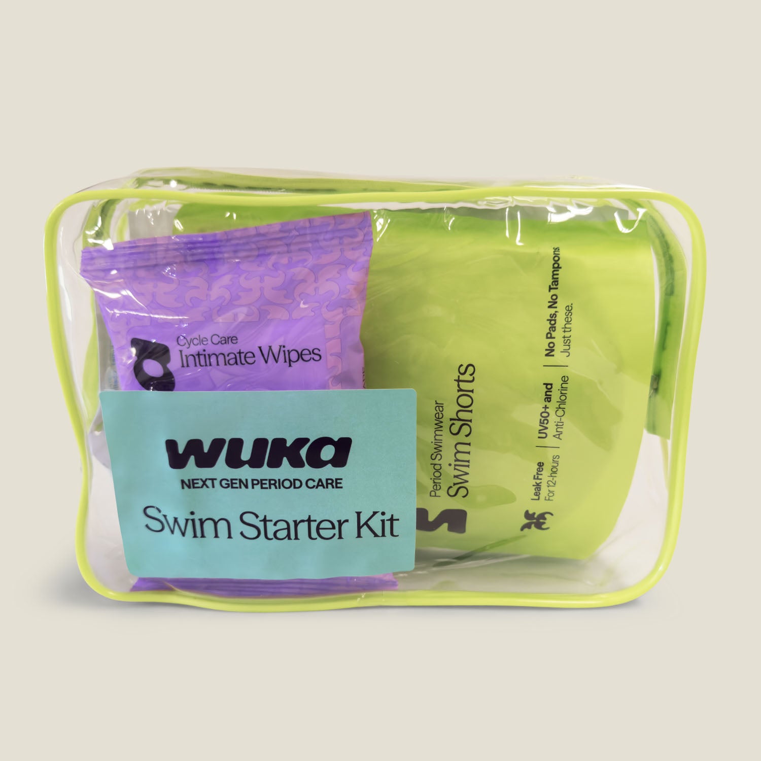 Black teen period-proof swim shorts starter kit with waterproof wet bag, swim cap and intimate wipes by WUKA