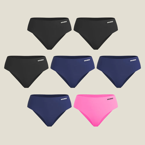 WUKA Teen Stretch™ Seamless Period Pants 7-pack bundle featuring three pairs in black, three in navy blue, and one in pinkest pink. These multi-size reusable underwear are designed to grow with teens across three sizes and provide heavy-flow leak-proof protection