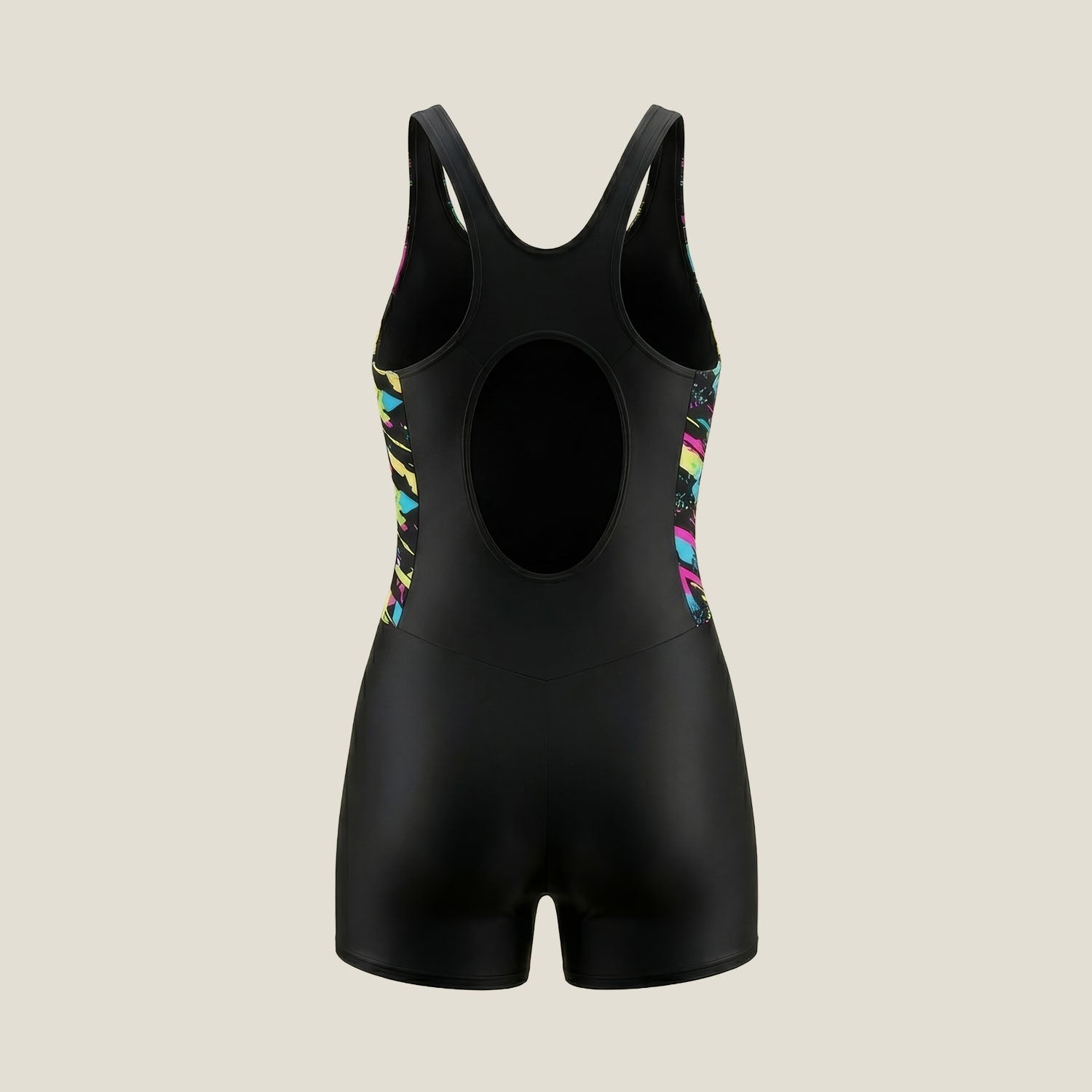WUKA Lunafly Competition Legsuit, back view — knee-length leakproof heavy flow period swimsuit