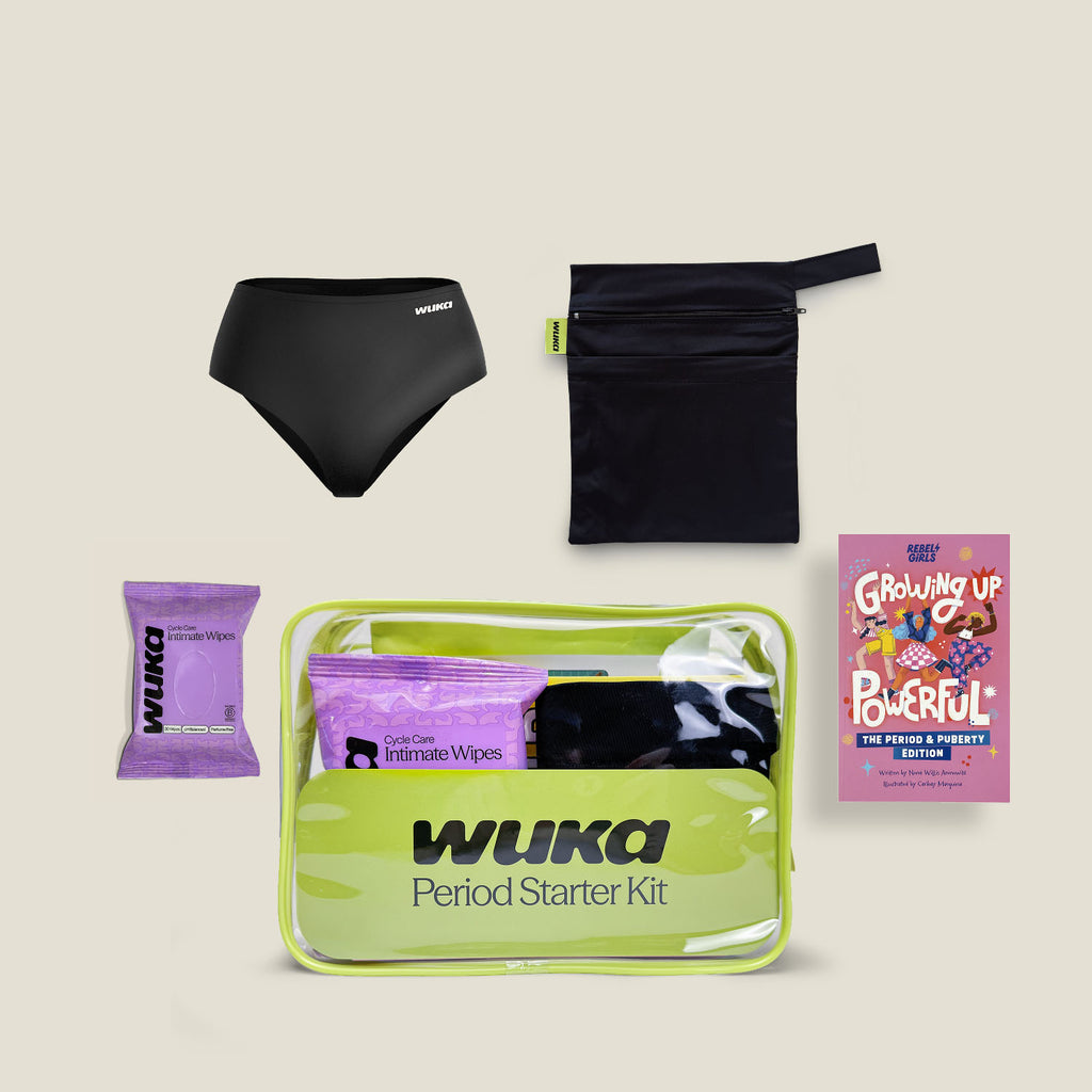 Teen period starter kit with period underwear, waterproof wet bag, wipes and puberty guide book
