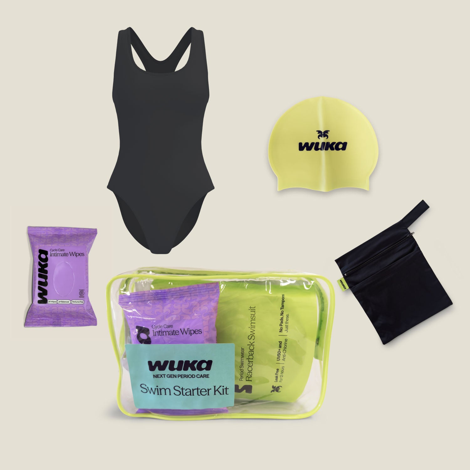 Teen black racerback period swimsuit starter kit leak-proof swimwear UV50 chlorine resistant WUKA essentials