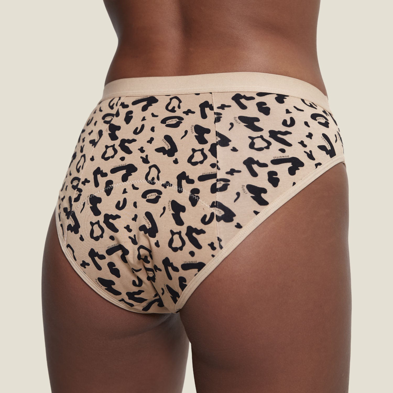 Back view of WUKA Basics™ Leopard Print Bikini period underwear, showcasing full coverage and discreet, leak-proof design for heavy flow days