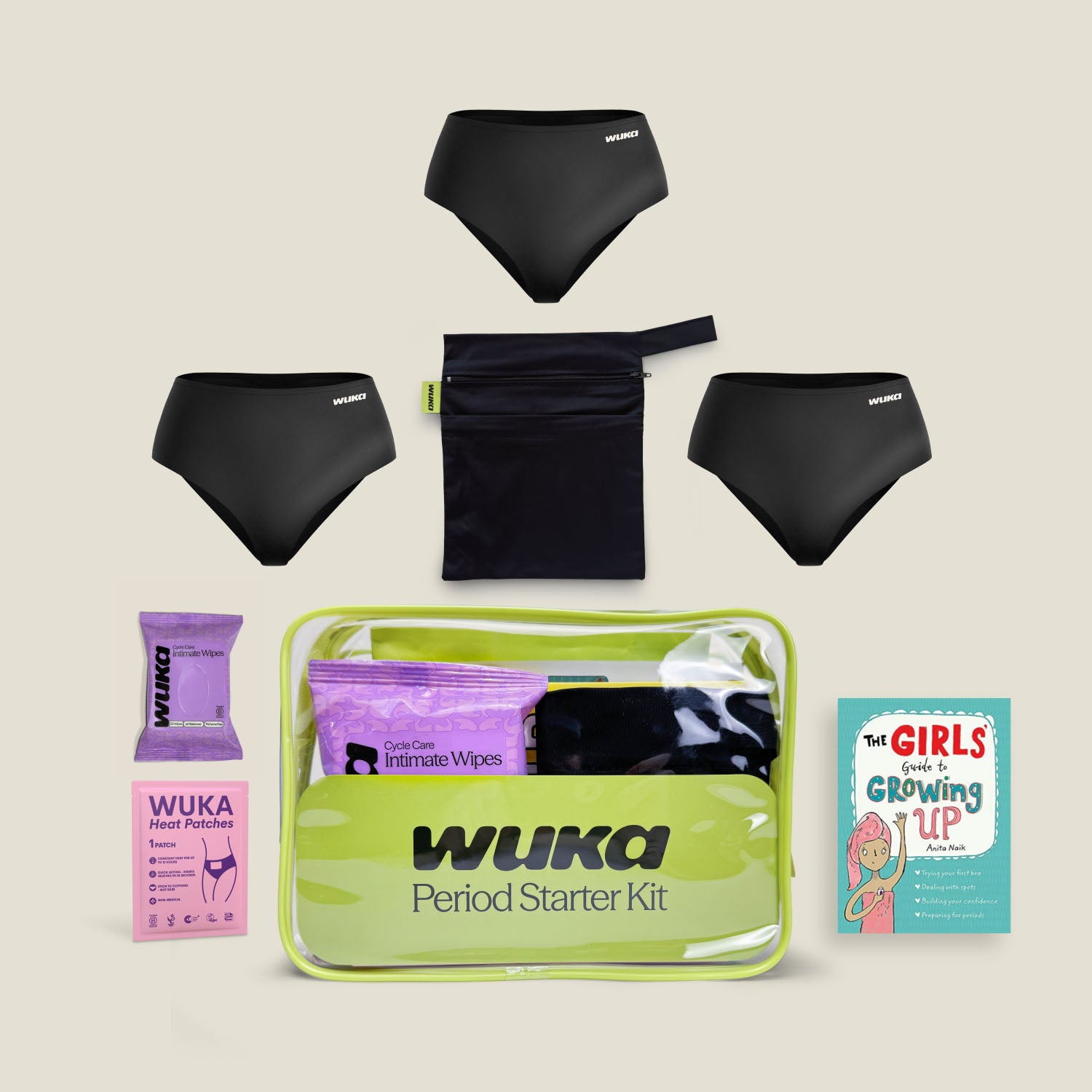 WUKA first period starter kit with three pairs of reusable period pants, waterproof storage bag, wipes, heat patch and puberty guide book