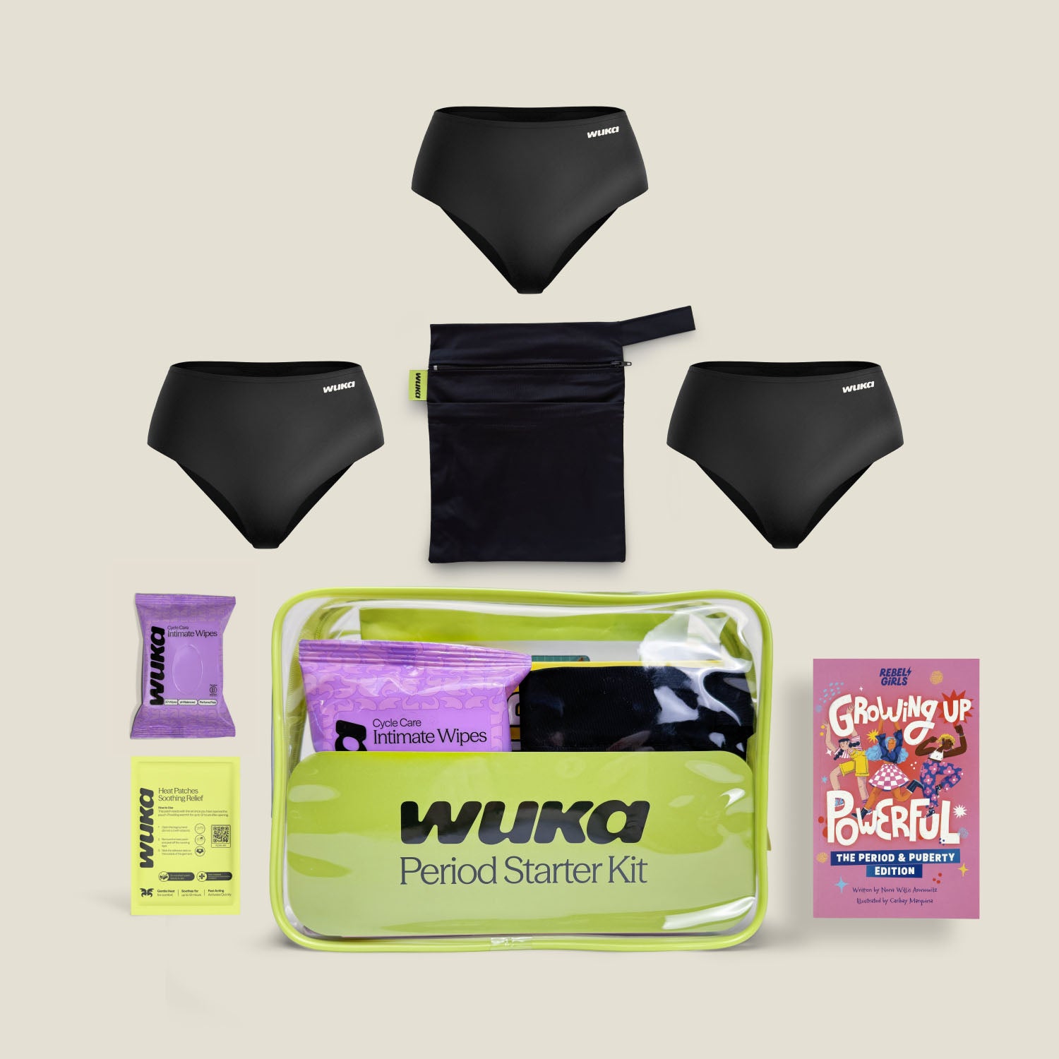 Teen period starter kit with 3 period pants, wet bag, wipes, heat patches and puberty education book by WUKA
