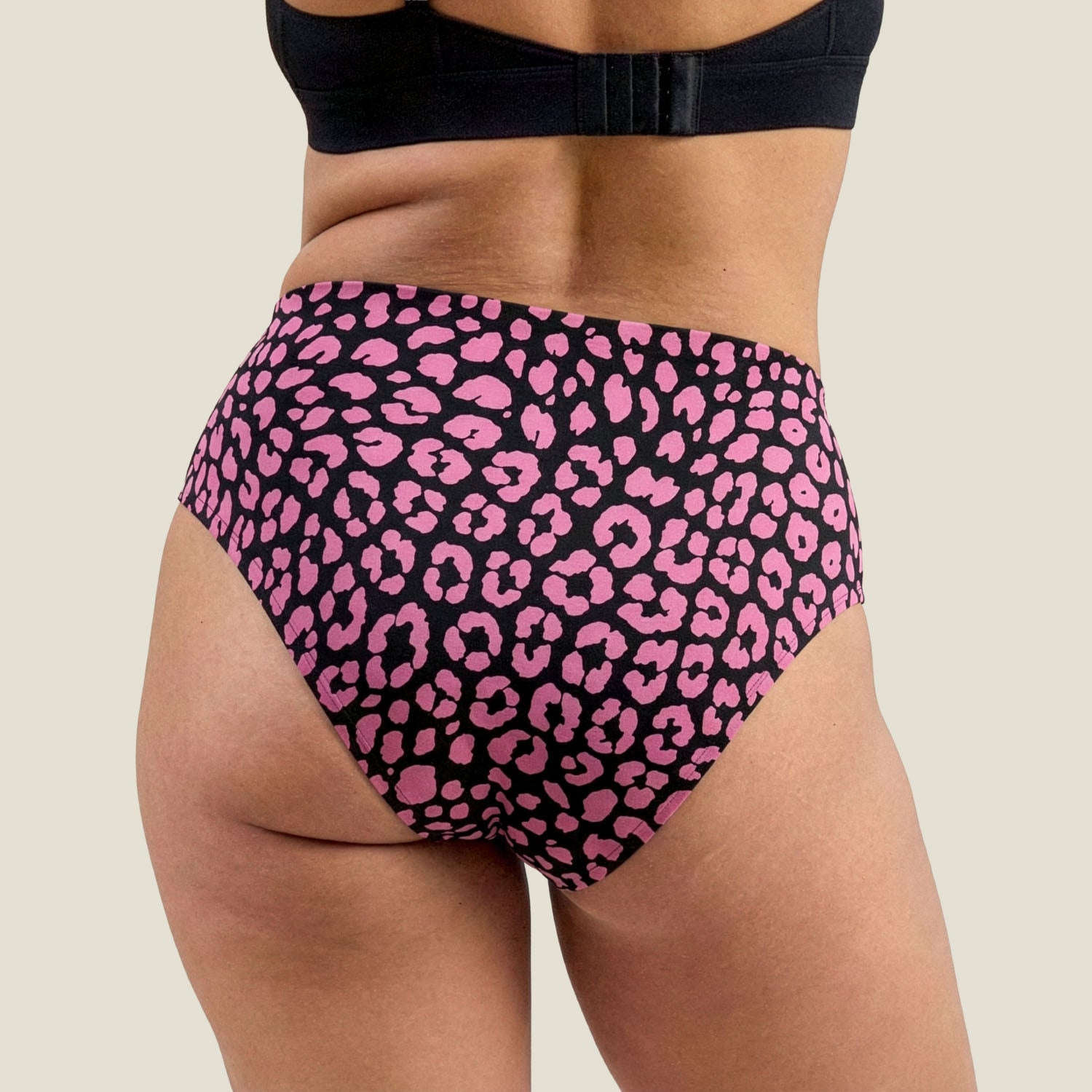 Back view of WUKA Stretch™ midi briefs in pink leopard print – high waist period underwear offering full coverage and comfort