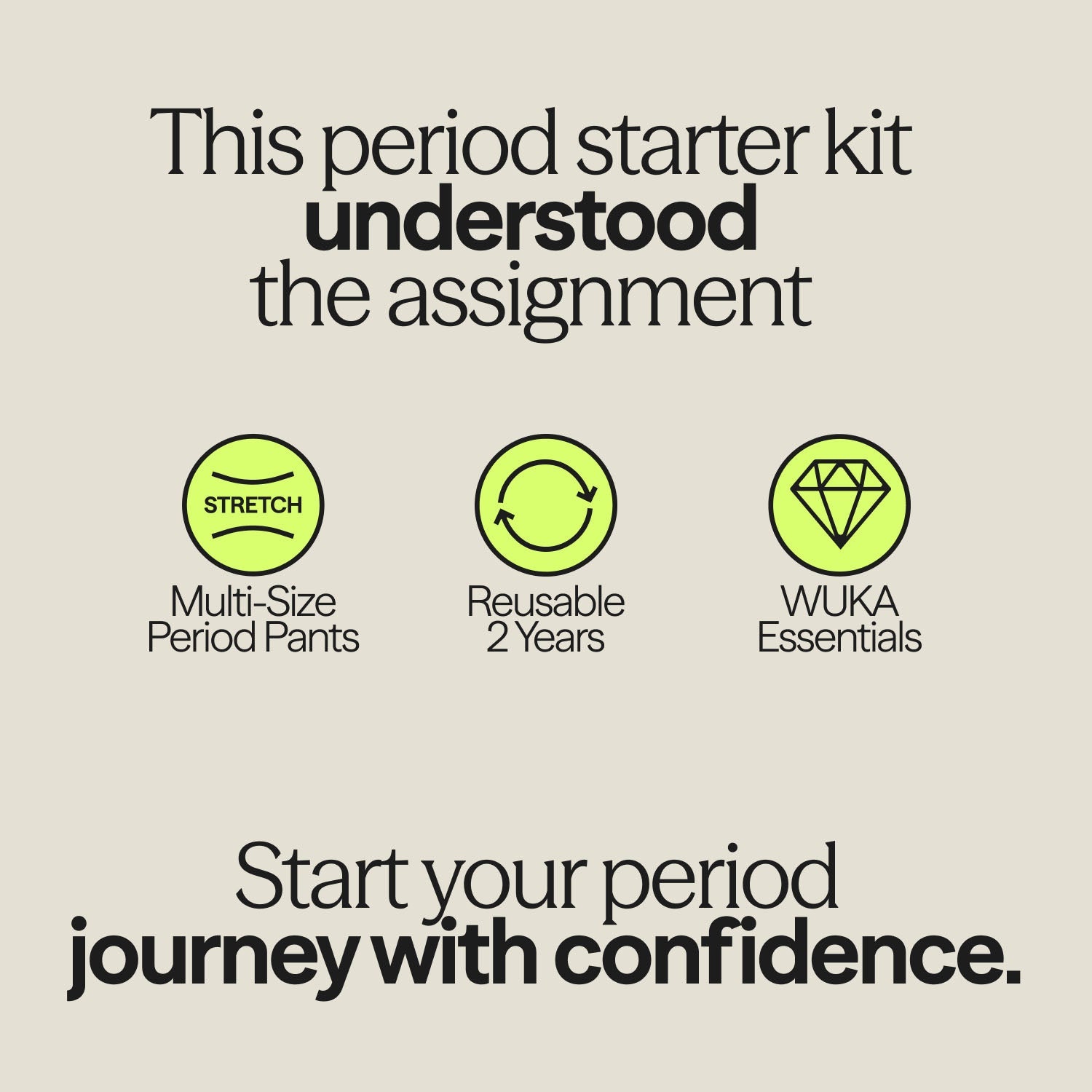 Illustrated card highlighting WUKA Period Starter Kit benefits: multi-size stretch period wear, reusable for 2 years, and essentials for period confidence.