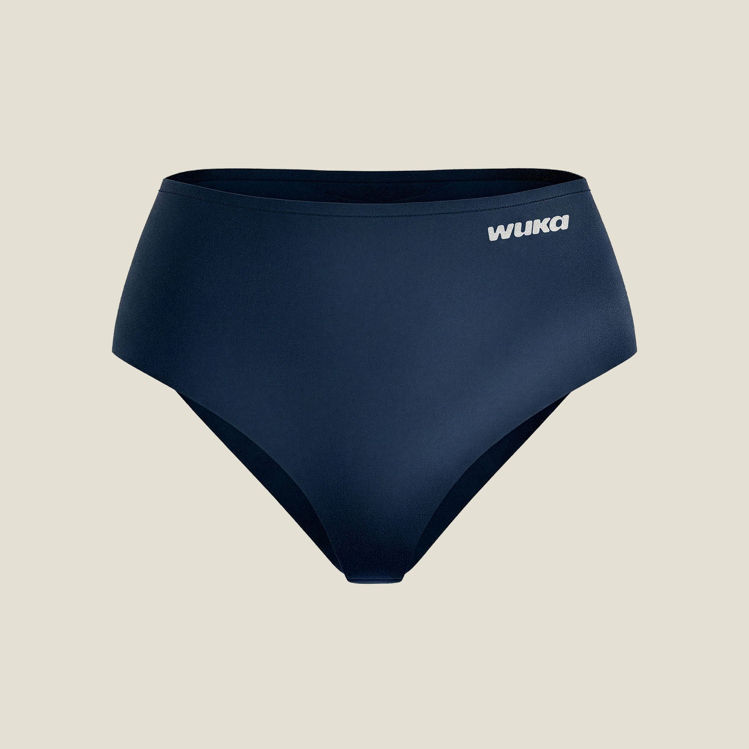 Flat-lay image of WUKA Stretch™ Midi Brief in Navy for heavy flow, showcasing minimalist design and WUKA logo