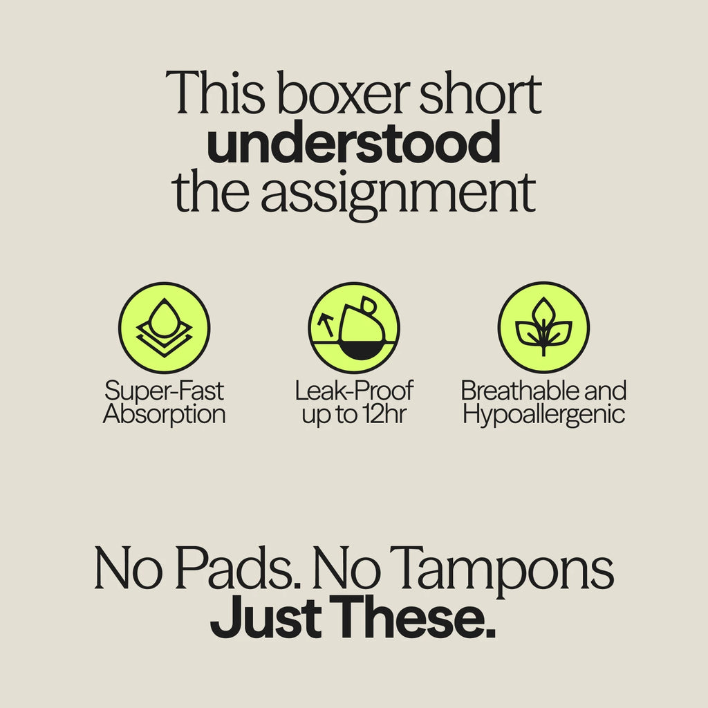 WUKA Ultimate™ Boxer Period Shorts benefits: super-fast absorption, up to 12-hour leak-proof protection, breathable and hypoallergenic—ideal for medium flow days