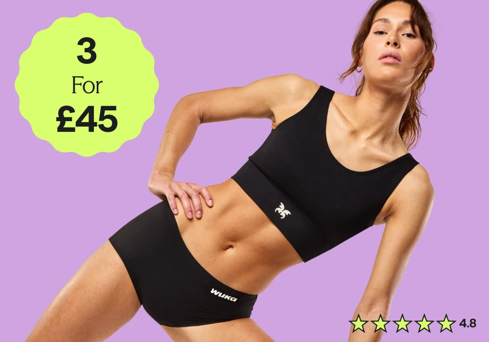 WUKA adult Stretch™ period underwear offer – 3 for £45. Comfortable, stylish, leak-proof reusable period pants for adults, rated 4.8 stars