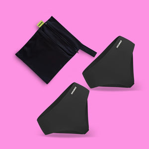 WUKA Teen School Set featuring two pairs of black heavy-flow period pants and a waterproof wet bag, designed to provide 12 hours of discreet, reusable protection during the school day