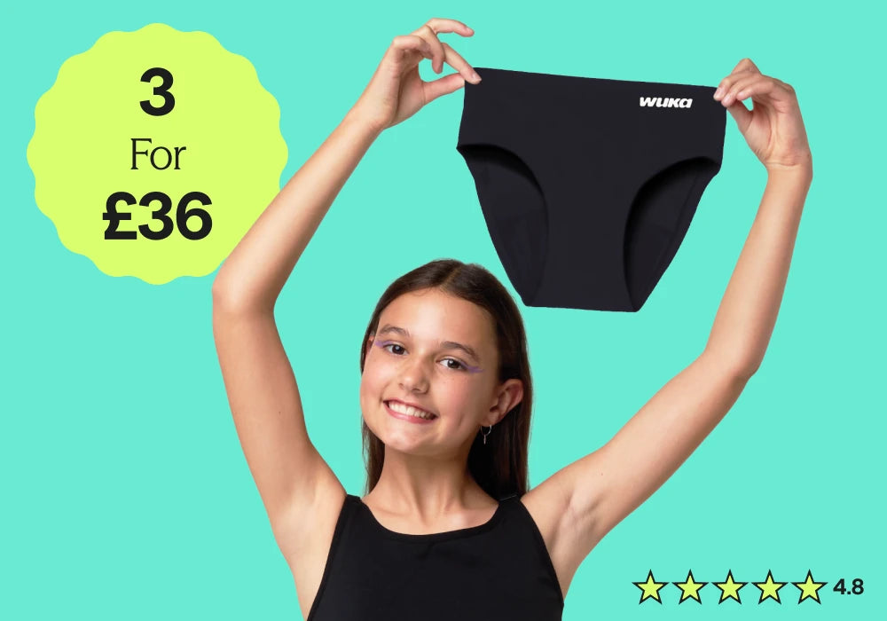 WUKA Teen Stretch™ period underwear – 3 for £36 offer. Fits 3 sizes in one pair, with 4.8-star rating. Comfortable, leak-proof reusable period pants for teens